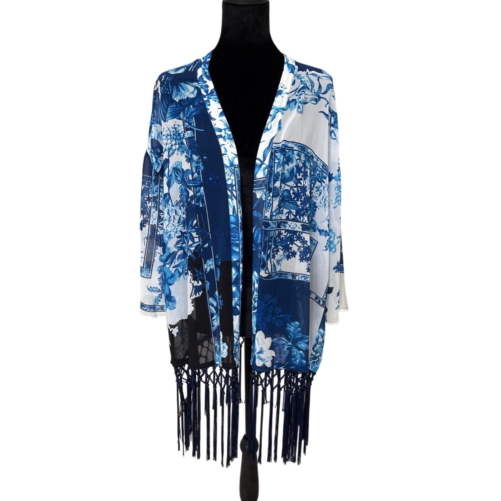 Chicos Travelers Blue White Floral Chinoiserie Sheer Fringe Kimono Wrap SM/M